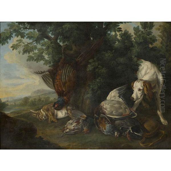 Dog And Dead Game In A Wooded Landcsape Oil Painting by Alexandre-Francois Desportes
