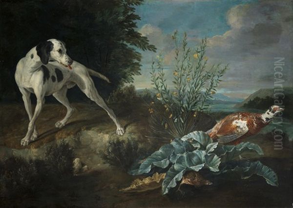 A Pointer Beside A Pheasant In A Landscape Oil Painting by Alexandre-Francois Desportes