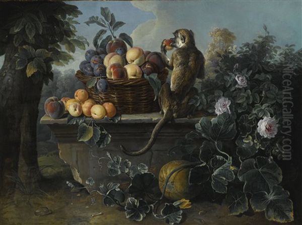 Still Life With A Monkey And A Basket Of Fruit Resting On A Ledge With A Landscape Beyond Oil Painting by Alexandre-Francois Desportes