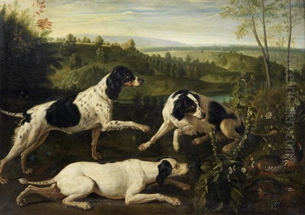 Bonne, Nonne And Ponne; The Dogs Of King Louis Xiv Of France Oil Painting by Alexandre-Francois Desportes