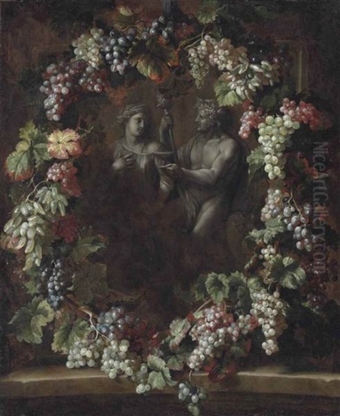 A Wreath Of Grapes Surrounding A Statue Of Bacchus Holding A Thyrsus With Ceres Oil Painting by Alexandre-Francois Desportes