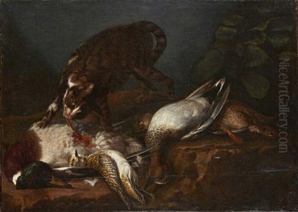 Chat Et Canards Sur Un Entablement Oil Painting by Alexandre-Francois Desportes