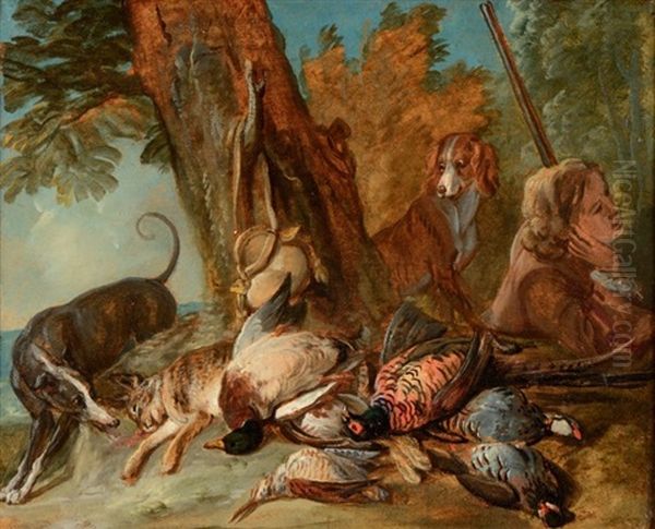 Deux Chiens Gardant Du Gibier Et Chasseur Dans Un Paysage Oil Painting by Alexandre-Francois Desportes