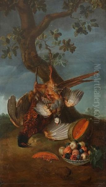 Oiseaux Et Assiette De Fruits Oil Painting by Alexandre-Francois Desportes