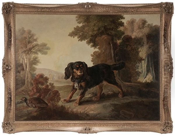 Spaniel And Partridge In A Country Landscape Oil Painting by Alexandre-Francois Desportes