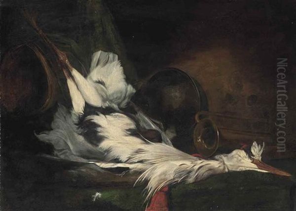 A Heron, A Copper Pan And A Bugle Oil Painting by Alexandre-Francois Desportes