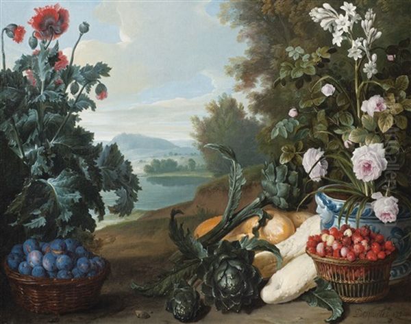 Fruits, Fleurs Et Legumes Dans Un Paysage Oil Painting by Alexandre-Francois Desportes