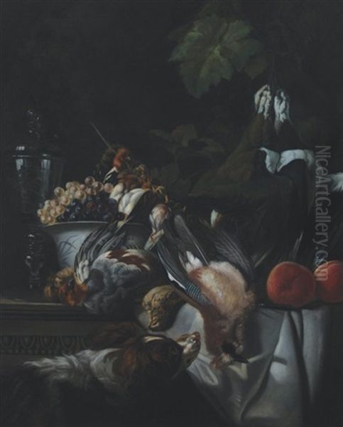 Still-life Of Birds, Grapes In A Blue And White Porcelain Bowl, And A Facon De Venise On A Stone Ledge, A Spaniel To The Foreground Oil Painting by Alexandre-Francois Desportes