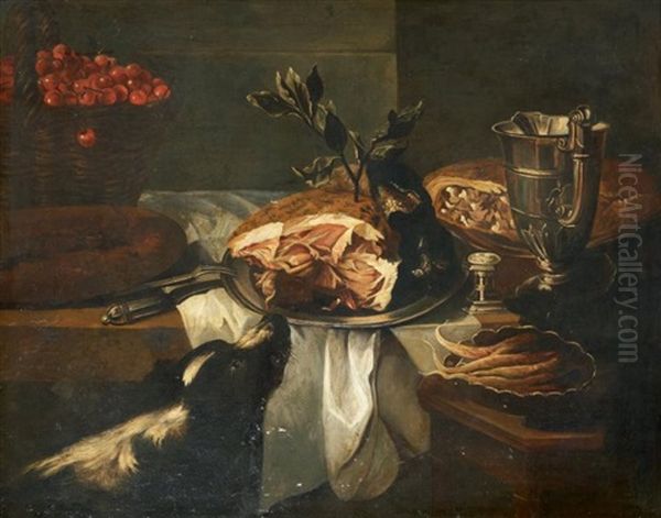 Chien Flairant Un Jambon Pose Sur Un Entablement A Cote D'un Panier De Cerises Et D'une Aiguiere En Argent Oil Painting by Alexandre-Francois Desportes