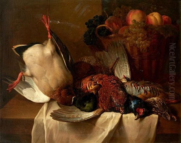 Canard Col Vert Pendu Par Une Patte, Faisan, Perdreau Gris Et Corbeille De Fruits Sur Un Entablement Oil Painting by Alexandre-Francois Desportes
