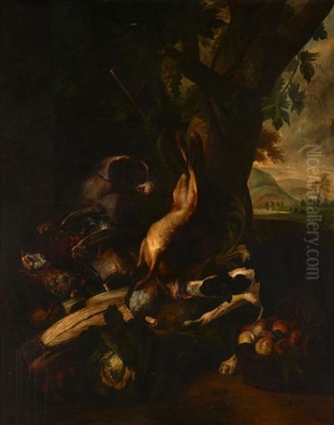 Compositions Au Gibier, Fruits Et Chiens De Chasse (pair) Oil Painting by Alexandre-Francois Desportes