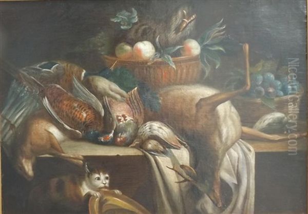 Nature Morte Au Gibier Avec Un Chat Oil Painting by Alexandre-Francois Desportes