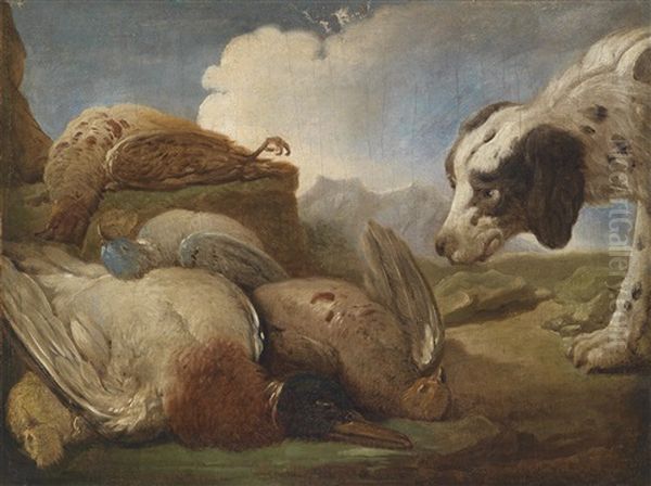 Ein Jagdhund Erlegtes Wildgeflugel Beschnuppernd Oil Painting by Alexandre-Francois Desportes