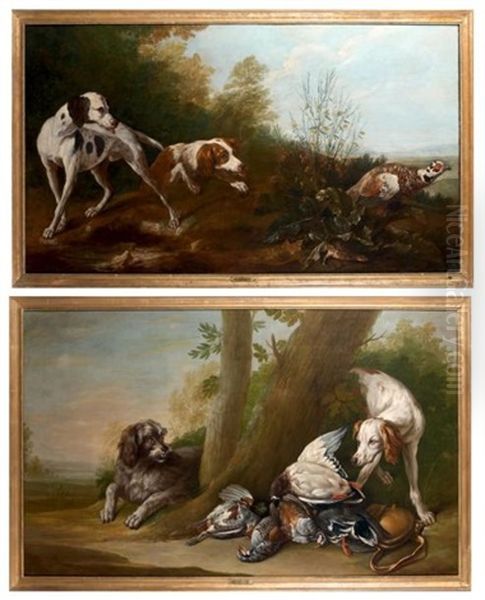 Deux Chiens En Arret Devant Un Faisan, Deux Chiens Gardent Le Gibier (pair) Oil Painting by Alexandre-Francois Desportes