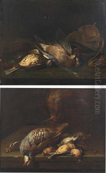 Trophee De Chasse A La Perdrix Rouge, Aux Oiseaux Des Champs Et Panier (+ Trophee De Chasse Aux Oiseaux Des Champs, Geai Et Gibeciere; 2 Works) Oil Painting by Alexandre-Francois Desportes