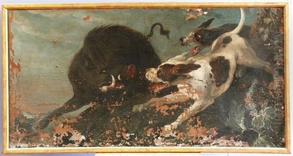 Chiens Attaquant Un Loup (+ Chiens Attaquant Un Sanglier; Pair) Oil Painting by Alexandre-Francois Desportes