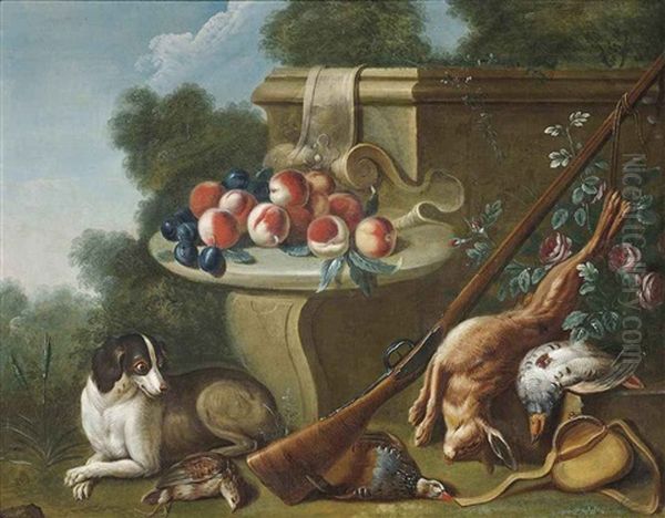 A Hare, A Quail And A Partridge, Peaches And Plums On A Ledge, With A Dog In A Landscape Oil Painting by Alexandre-Francois Desportes