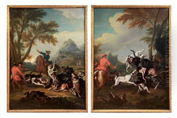 L'hallali Du Sanglier (+ Ours Assailli Par Quatre Chiens' Pair) Oil Painting by Alexandre-Francois Desportes