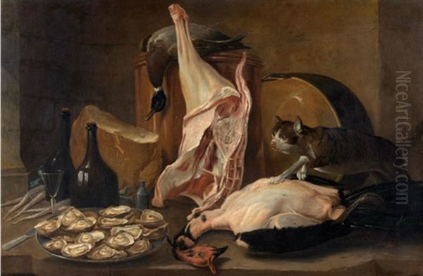 Chat Bousculant Les Apprets Du Dejeuner (+ Nature Morte Au Lievre, Faisan, Perdreaux Et Becasse; Pair) Oil Painting by Alexandre-Francois Desportes