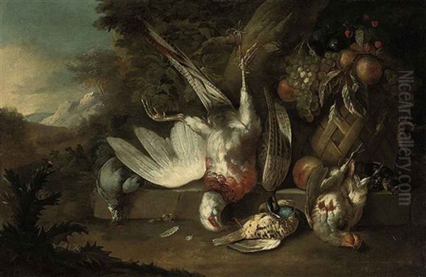 Dead Birds And Grapes, Plums, Peaches And Strawberries In A Basket On A Ledge In A Landscape Oil Painting by Alexandre-Francois Desportes