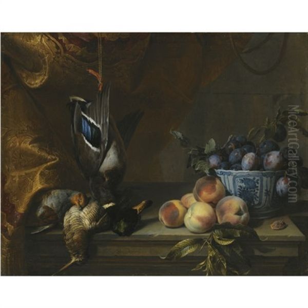 Still Life Of Plums In A Blue And White Porcelain Bowl Together With Peaches, A Partridge And A Woodcock And A Hanging Mallard, All On A Stone Ledge With A Red And Gold Brocade Hanging To The Left Oil Painting by Alexandre-Francois Desportes