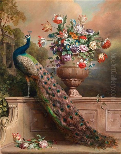 Ein Pfau Und Ein Blumenstraus In Einer Vase Auf Einer Steinbank In Einem Schlosspark Oil Painting by Alexandre-Francois Desportes