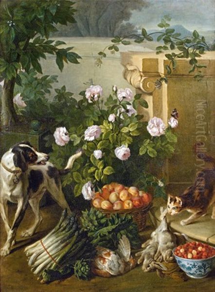 Nature Morte Aux Fruits, Legumes, Gibier, Chien Et Chat Oil Painting by Alexandre-Francois Desportes
