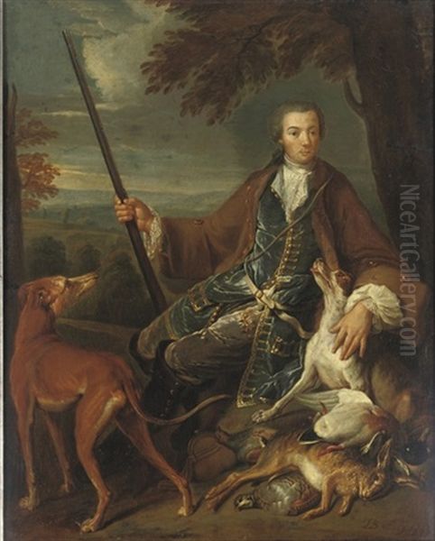 Portrait Of A Young Gentleman, Full-length, In A Hunting Dress With His Hounds In A Landscape Oil Painting by Alexandre-Francois Desportes