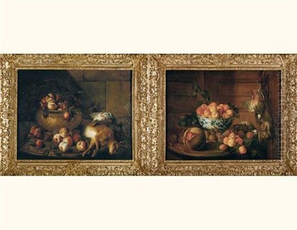 Nature Morte A La Coupe D'abricots Et Au Retour De Chasse, Sur Fond De Mur De Boiserie Et Entablement De Marbre (+ Nature Morte Au Panier De Peches Et Au Retour De Chasse; Pair) Oil Painting by Alexandre-Francois Desportes