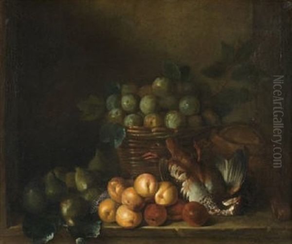 Nature Morte Au Panier De Prunes, Figues, Abricots Et Perdrix Sur Un Entablement Oil Painting by Alexandre-Francois Desportes
