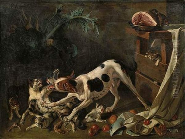 Chien Et Chats Se Disputant Oil Painting by Alexandre-Francois Desportes