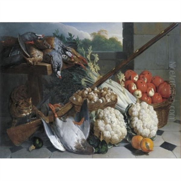 A Still Life Of Game With A Musket, Baskets Of Apples And Mushrooms, A Bunch Of Celery, Two Cauliflowers And A Cat Oil Painting by Alexandre-Francois Desportes