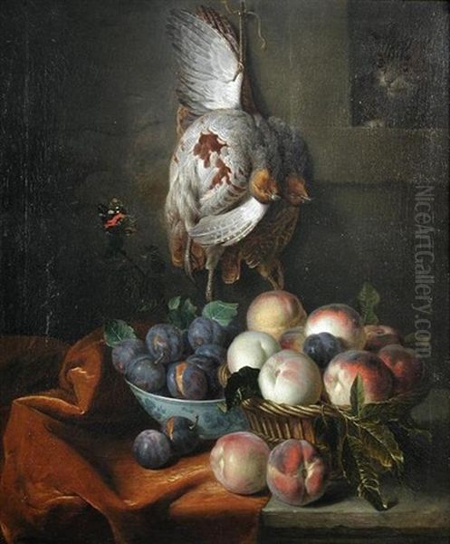A Brace Of Partridge On A Hook, A Cat Looking Through A Window, With Plums And Peaches In A Kangxi Bowl, And A Red Admiral Butterfly Oil Painting by Alexandre-Francois Desportes