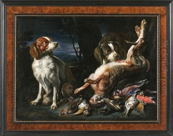 Jagdstilleben Mit Zwei Hunden In Abendlicher Landschaft Oil Painting by Alexandre-Francois Desportes