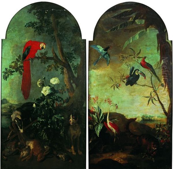 Trophee De Chasse Surveille Par Deux Chiens Dans Un Paysage Avec Un Perroquet (+ Paysage Anime De Volatiles Avec Un Tapir; Pair) Oil Painting by Alexandre-Francois Desportes