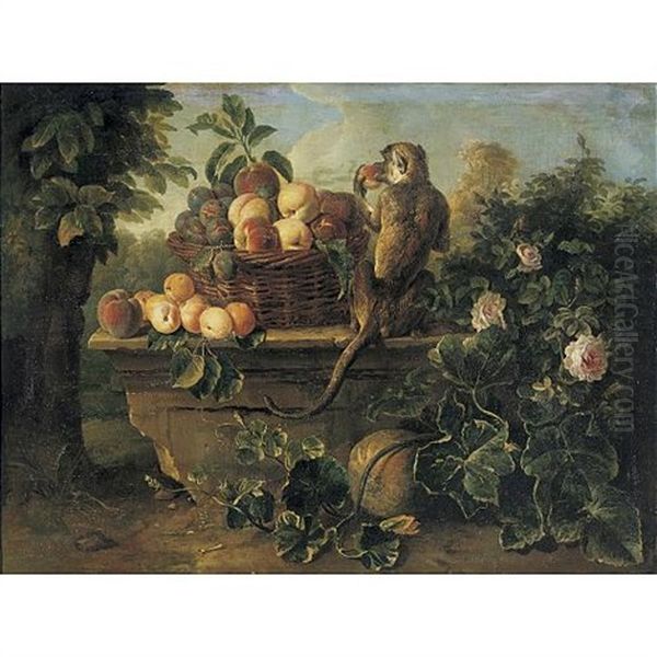 Still Life With A Monkey And A Basket Of Fruit Resting On A Ledge With A Landscape Beyond Oil Painting by Alexandre-Francois Desportes