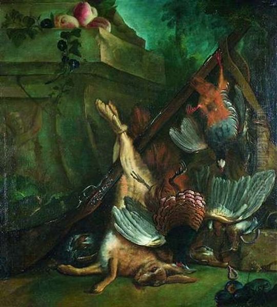 Groses Jagdstilleben Mit Einem Erlegten Hasen, Einem Goldfasan Und Anderen Wildvogeln Vor Einem Steinpodest Oil Painting by Alexandre-Francois Desportes