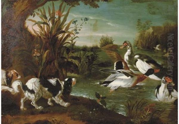 Spaniels Threatening Ducks In A River Landscape (+ Still Life; 2 Works) Oil Painting by Alexandre-Francois Desportes