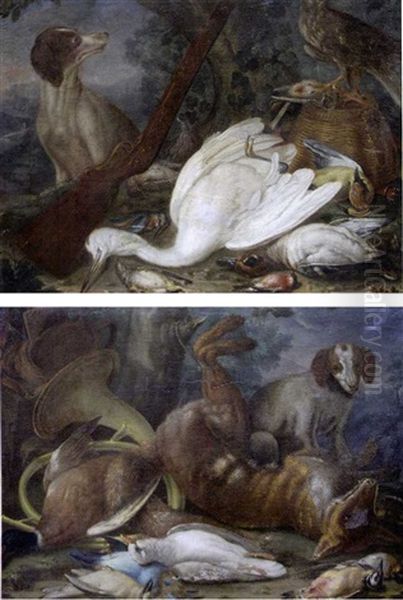 Chien Gardant Des Trophees De Chasse (+ Another, Similar; Pair) Oil Painting by Alexandre-Francois Desportes