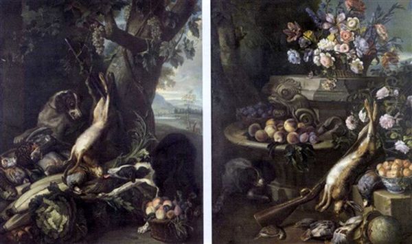 Deux Pendants, Gibiers, Fleurs, Fruits Et Chiens Oil Painting by Alexandre-Francois Desportes