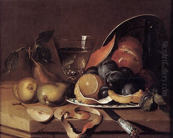 Nature Morte Aux Fruits Et Verre De Vin Sur Un Entablement Oil Painting by Alexandre-Francois Desportes