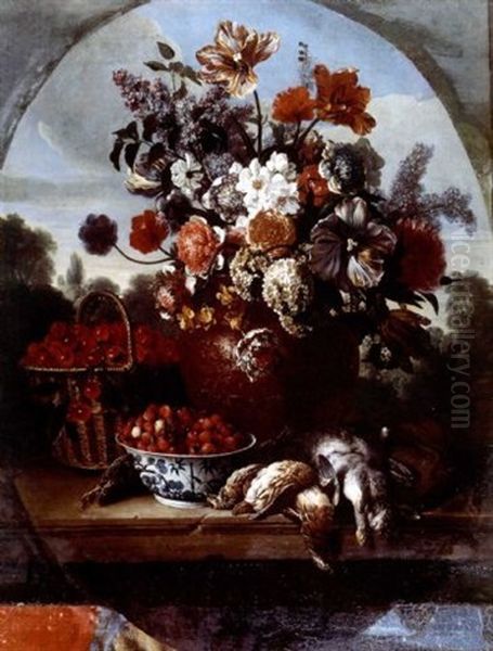 Nature Morte Au Bouquet, Aux Fraises Des Bois, Aux Cerises Et Au Gibier Oil Painting by Alexandre-Francois Desportes