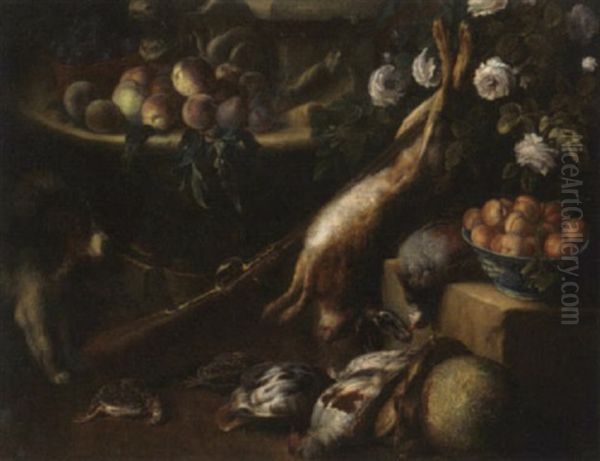 A Dead Hare, Woodcock And Pheasants On Ledges In A Garden, With Plums, A Bowl Of Peaches, A Gun And A Dog Oil Painting by Alexandre-Francois Desportes
