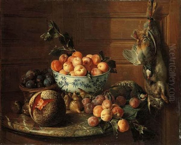 Plums In A Basket And Apricots In A Blue And White Bowl, With Figs, A Melon, Plums, Peaches And A Red-legged Partridge Oil Painting by Alexandre-Francois Desportes
