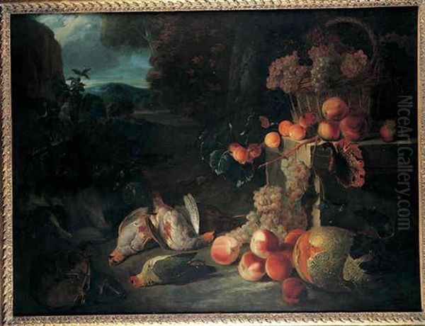 Nature Morte Au Panier De Raisins, Abricots, Peches Et Perdrix Sur Fond De Paysage Oil Painting by Alexandre-Francois Desportes
