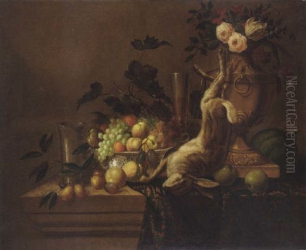 Peaches, Oranges And Plums In A Blue And White Porcelain Bowl With Grapes On The Vine, A Rabbit And An Ormulu Vase On A Stone Ledge Oil Painting by Alexandre-Francois Desportes
