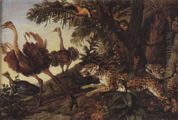 Pantheres Chassant Des Autruches Oil Painting by Alexandre-Francois Desportes