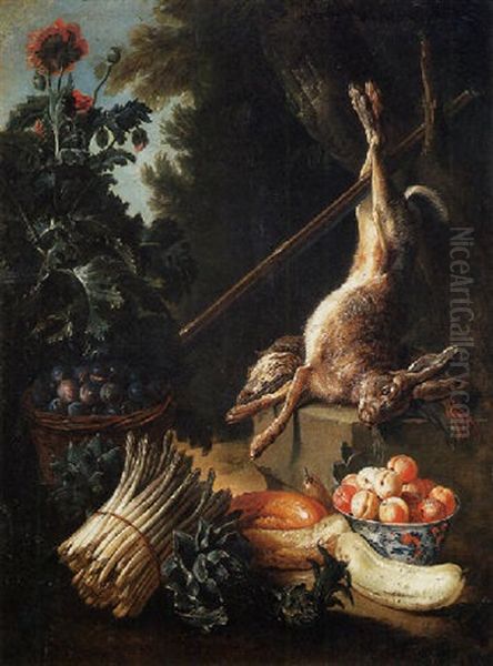 A Hunting Still Life With A Dead Hare And Game Birds On A Stone Plinth, With A Basket Of Plums And A Bowl Of Peaches Oil Painting by Alexandre-Francois Desportes