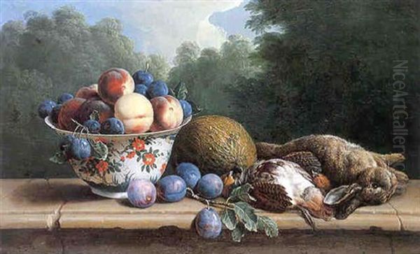 Nature Morte A La Coupe De Peches, Prunes Et Pieces De Gibier Sur Un Entablement Oil Painting by Alexandre-Francois Desportes