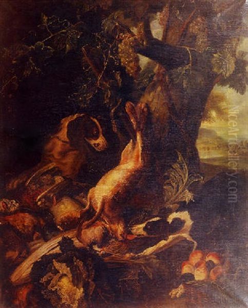 Gibier, Fruits Et Deux Chiens Oil Painting by Alexandre-Francois Desportes